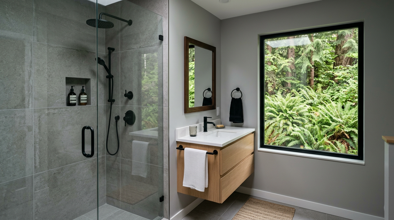 Newly completed modern bathroom remodel in a Seattle home with a walk-in tiled shower.