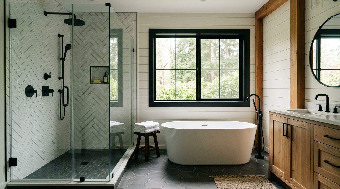 A bright, newly remodeled luxury bathroom in Woodinville featuring a walk-in shower and freestanding tub.