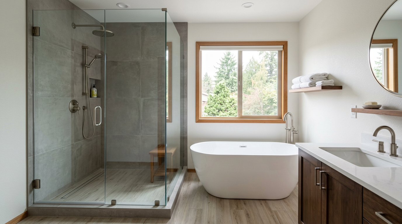 A newly remodeled modern bathroom in Issaquah, WA with a walk-in shower and freestanding tub.