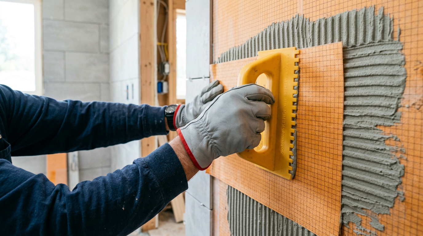 A craftsman installing a KERDI waterproof membrane during a bathroom remodeling project in Issaquah, WA.
