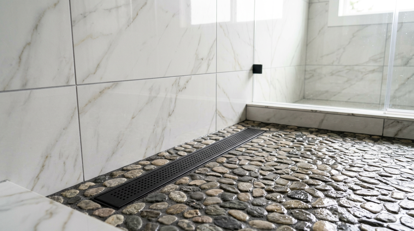 Close-up of a newly remodeled luxury shower with marble-look porcelain tile and a matte black linear drain in a Kirkland, WA home.