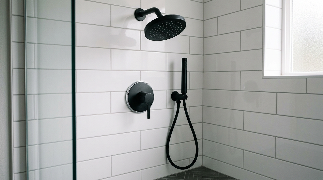 Finished bathroom remodel in a Lake Forest Park home showing a new tile shower.