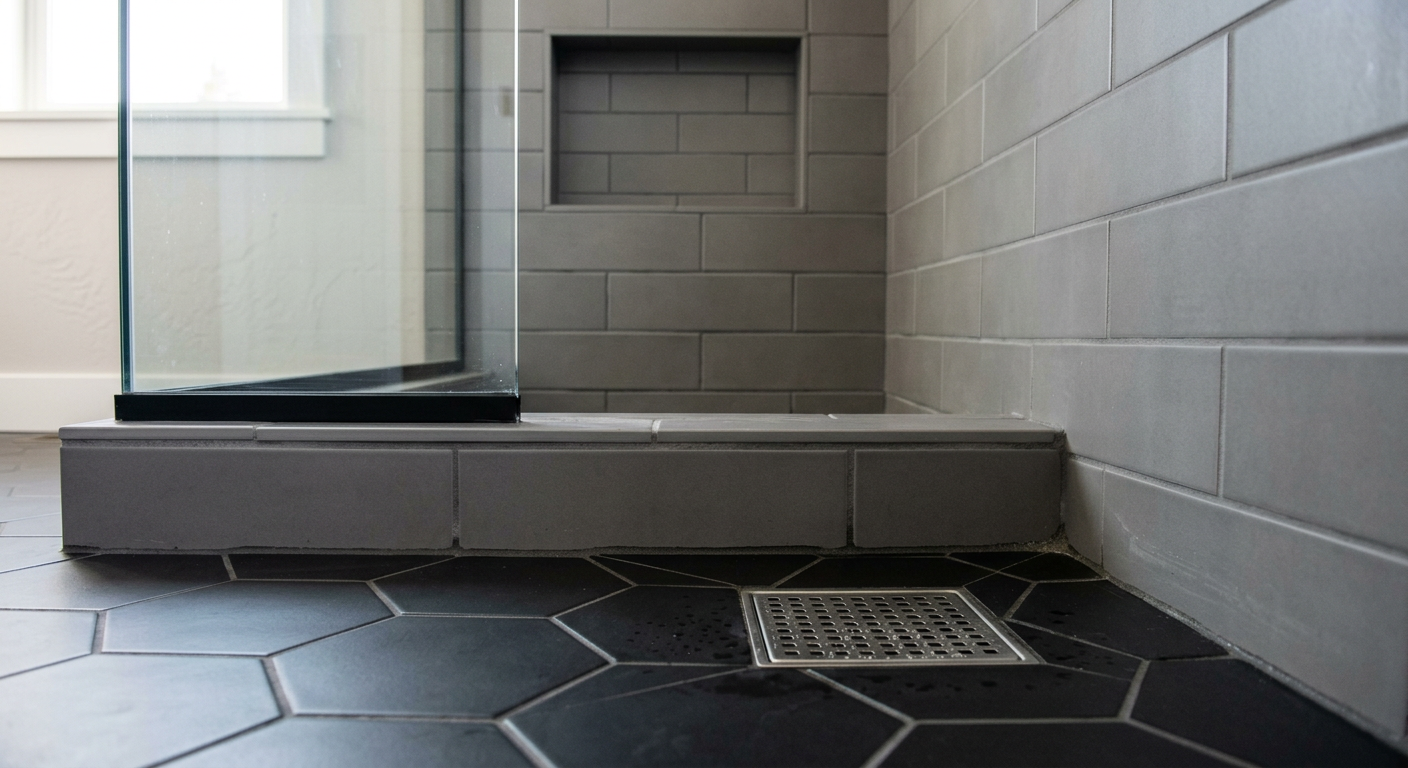 A newly completed walk-in shower with modern tile in a Lake Forest Park home after a bathroom remodeling project.