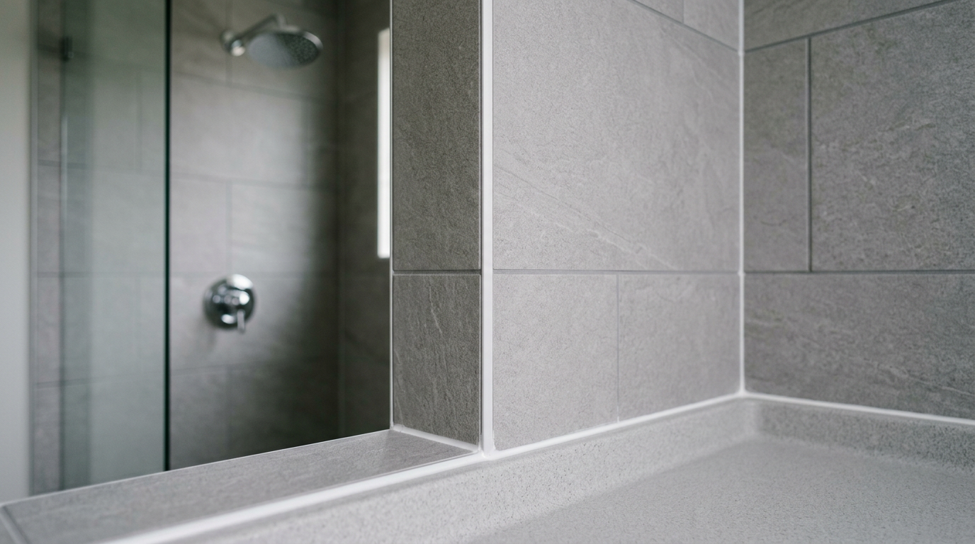 A newly remodeled walk-in shower with modern gray tile in a Marysville, WA home.