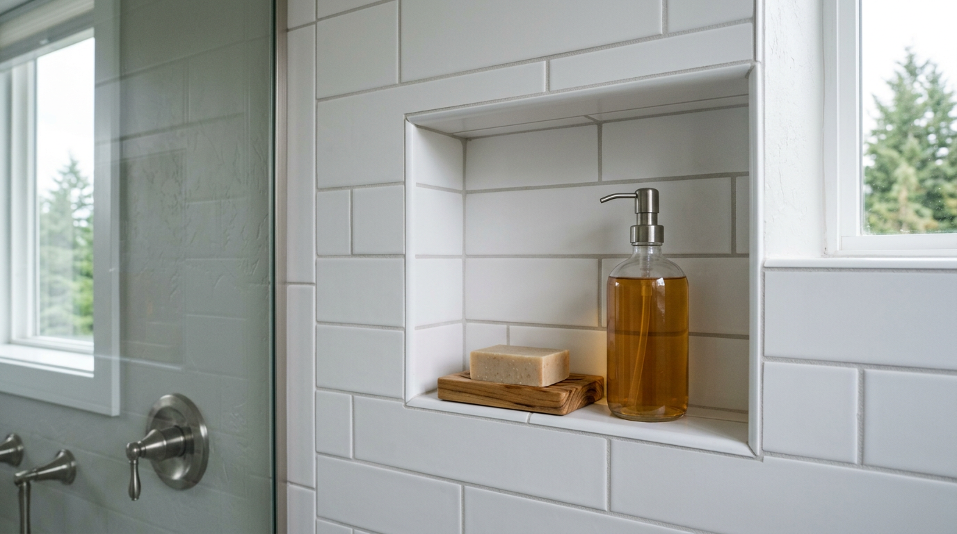 A clean, newly remodeled shower with white subway tile in a Mountlake Terrace home.