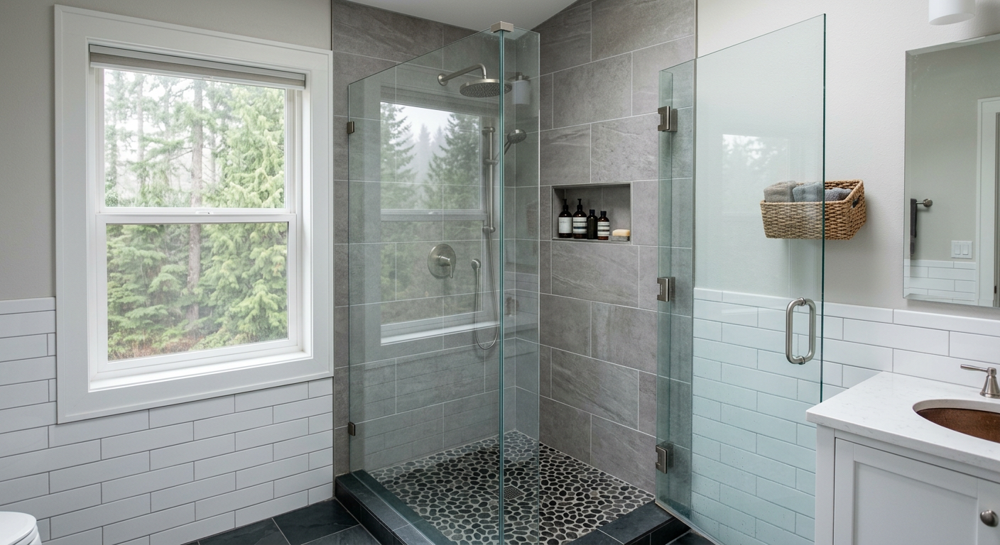 A modern, remodeled bathroom in a Mountlake Terrace home, featuring a walk-in tile shower.
