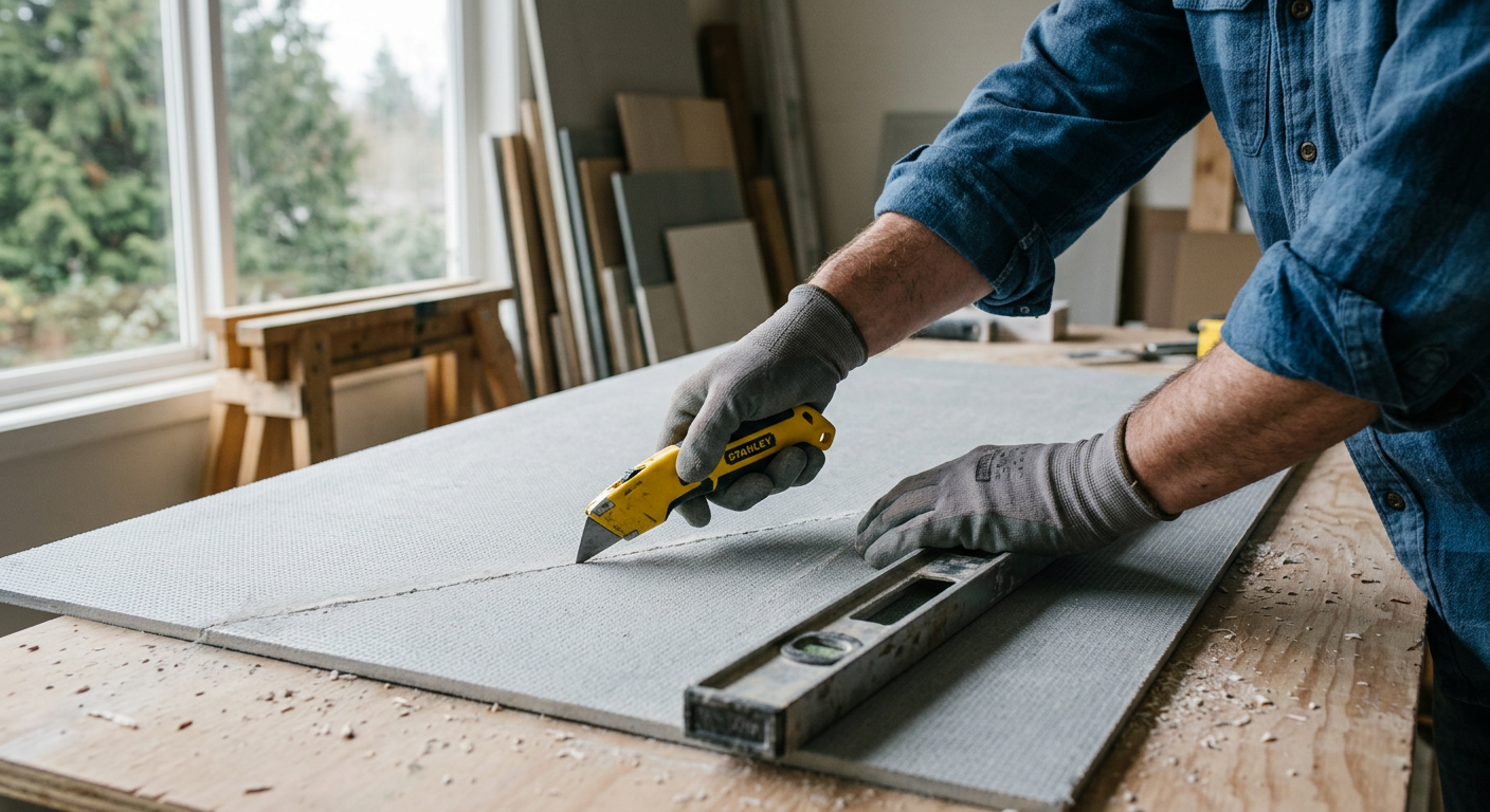 Scoring tile backer board for a bathroom remodeling project in Mountlake Terrace, WA.