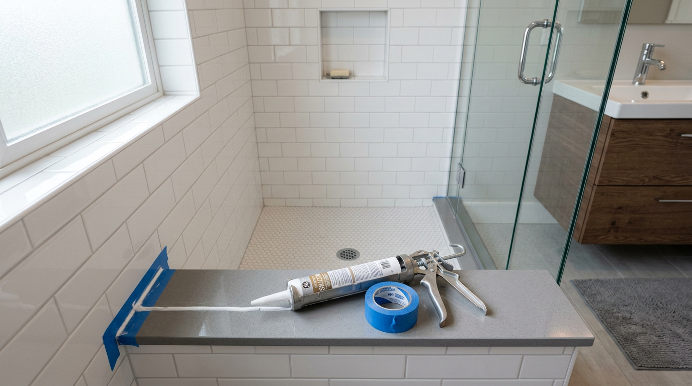 The final stages of a bathroom remodeling project in Mountlake Terrace, WA, showing a new tile shower being caulked.