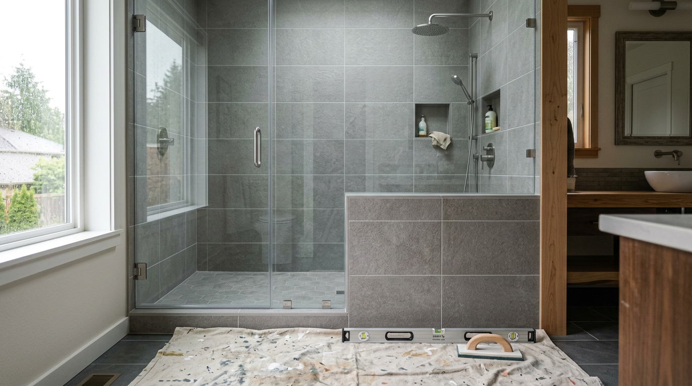 Detailed view of a new walk-in shower after a successful bathroom remodeling project in Seattle, WA.
