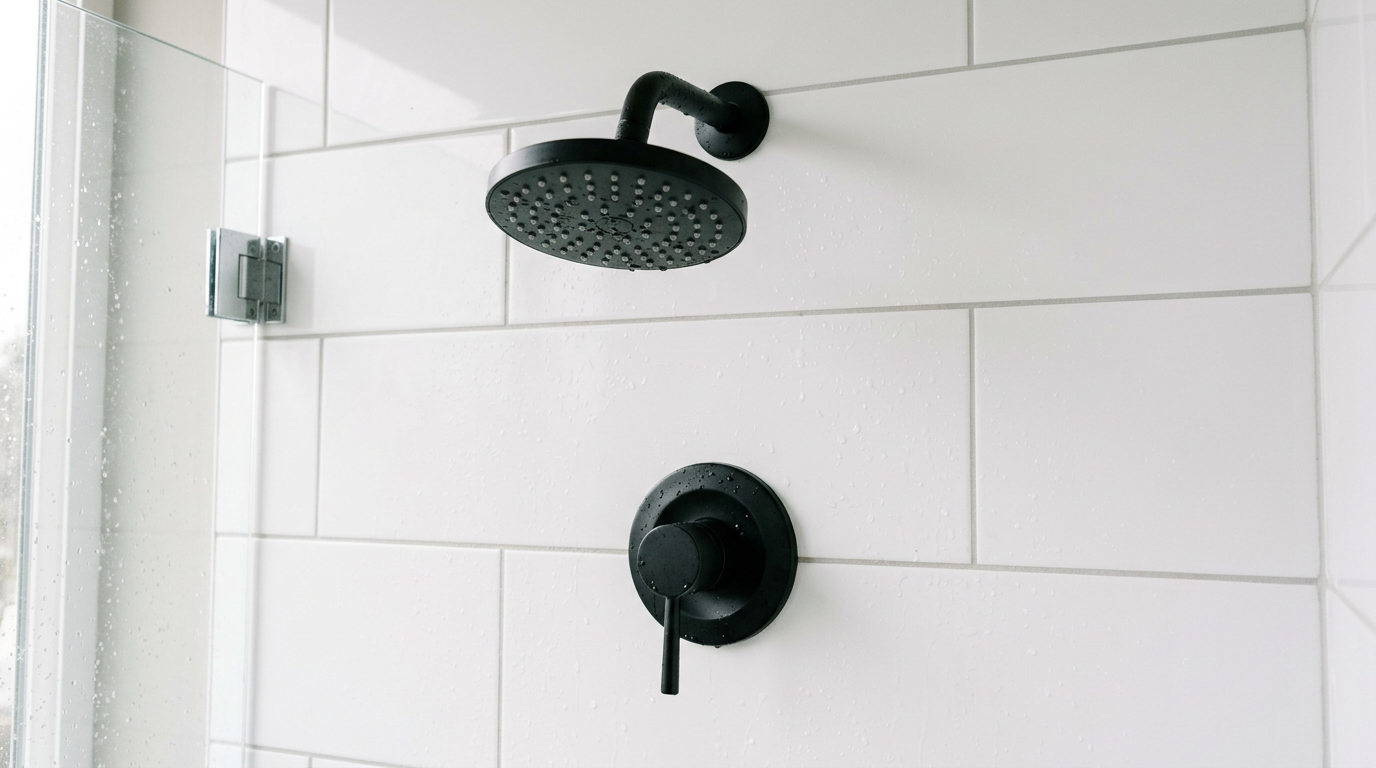 A modern, clean shower with a matte black fixture, typical of a professional bathroom remodel in Seattle.