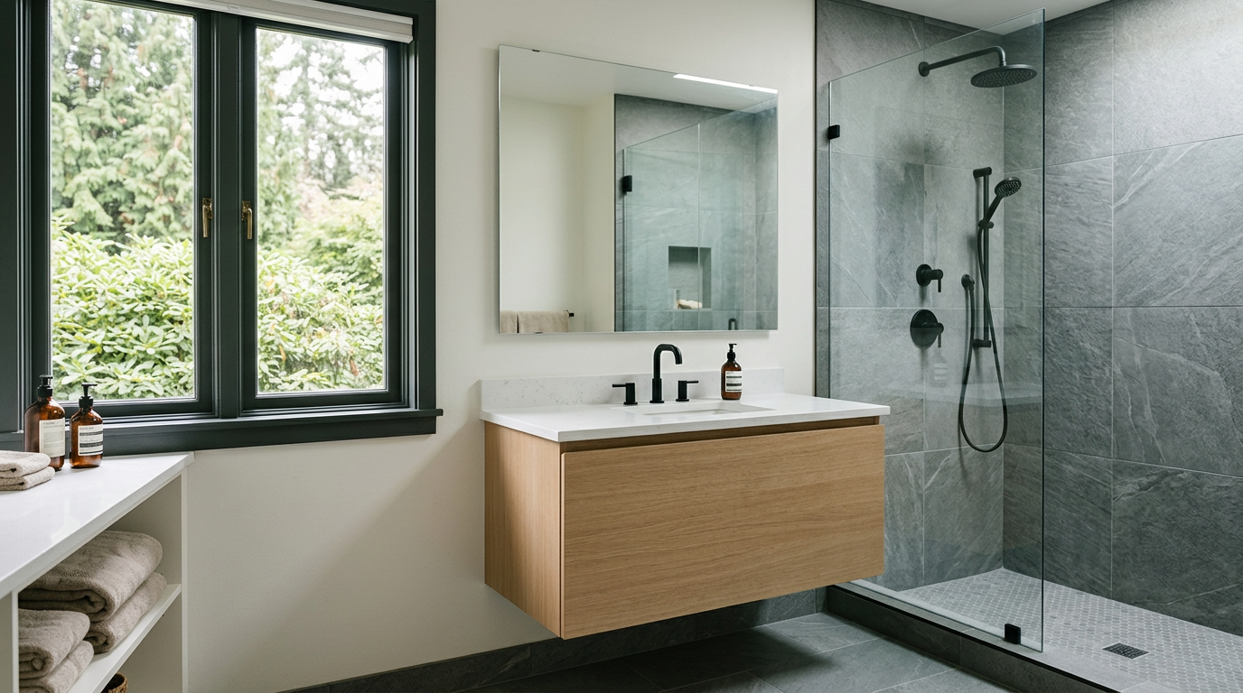 A modern, newly remodeled bathroom in a Seattle home, showing a walk-in shower with grey tile and a light oak vanity.