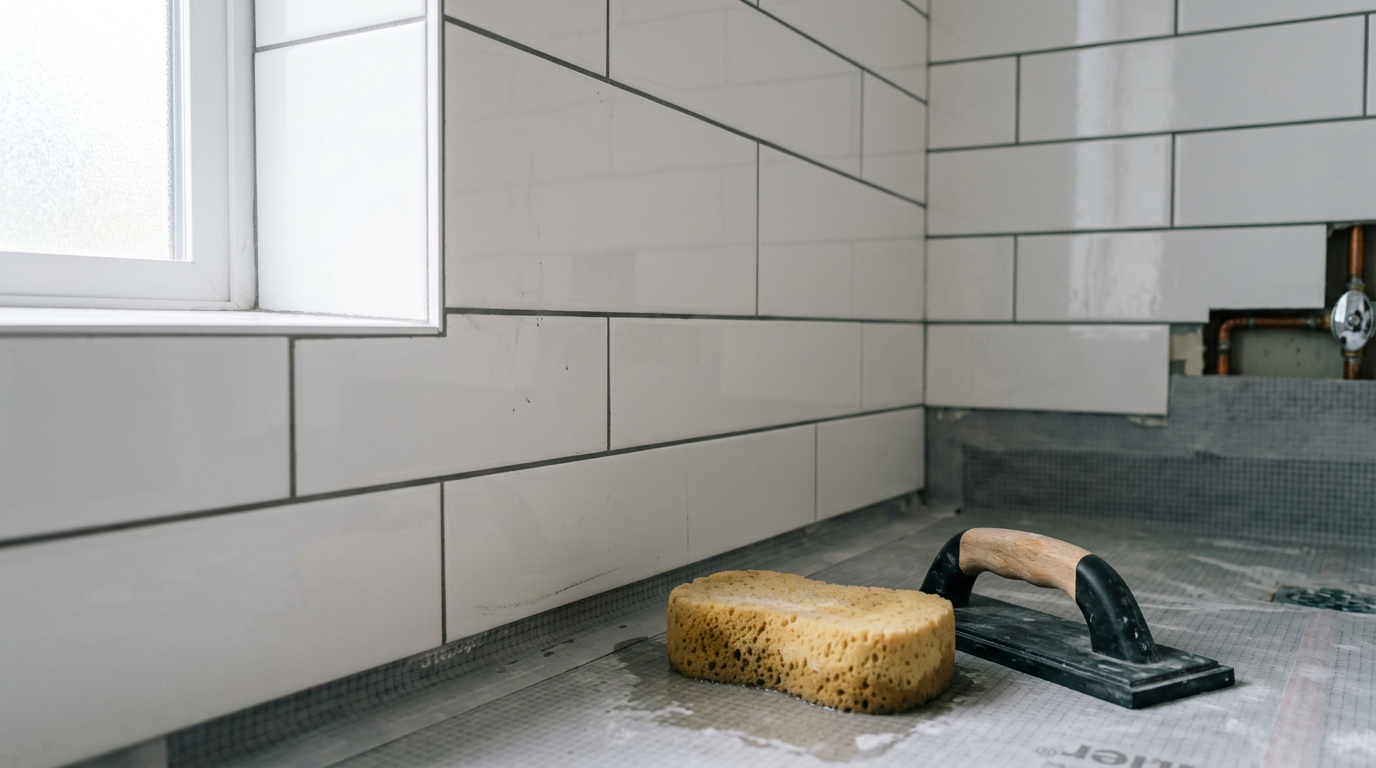 Close-up of new tile and grout work during a bathroom remodel in Bothell, WA.