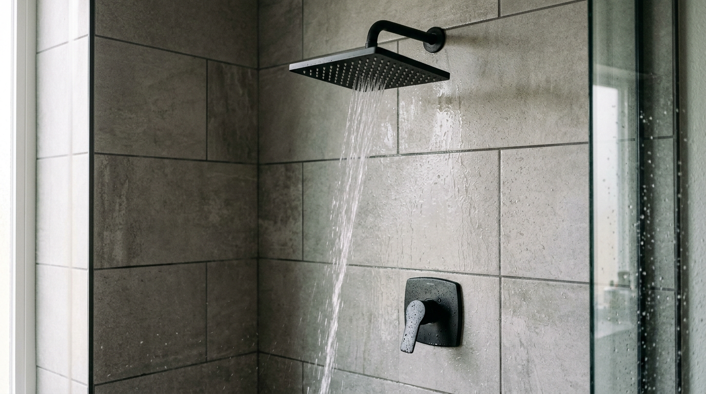 Close-up of a modern matte black shower head in a remodeled Issaquah bathroom.
