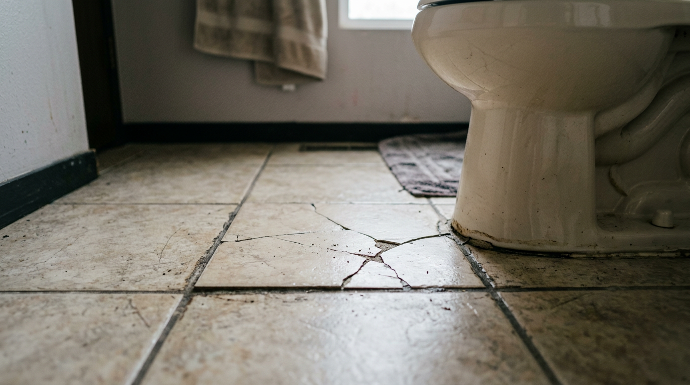 Cracked floor tile indicating a need for bathroom remodeling in a Lake Forest Park home.