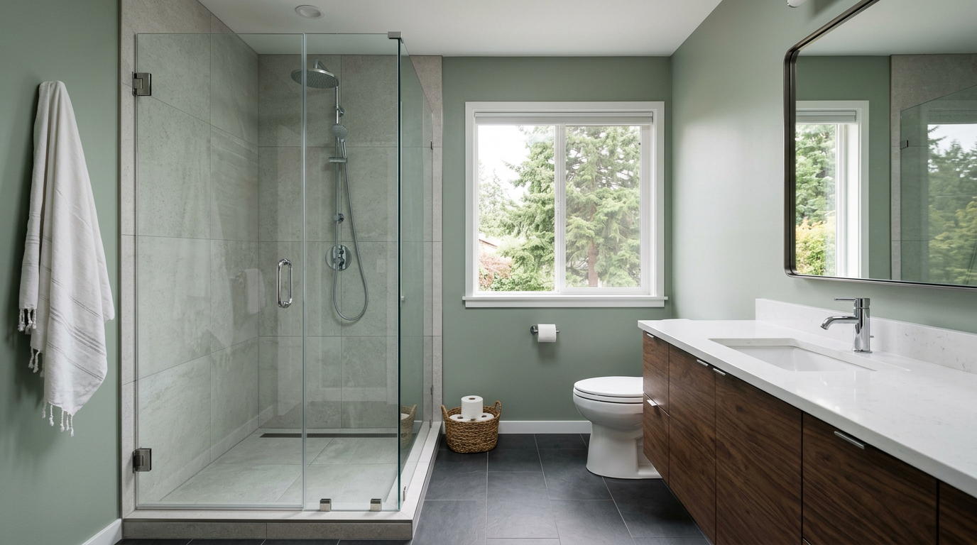 A newly remodeled, modern bathroom in a Marysville, WA home, with a walk-in shower and wood vanity.