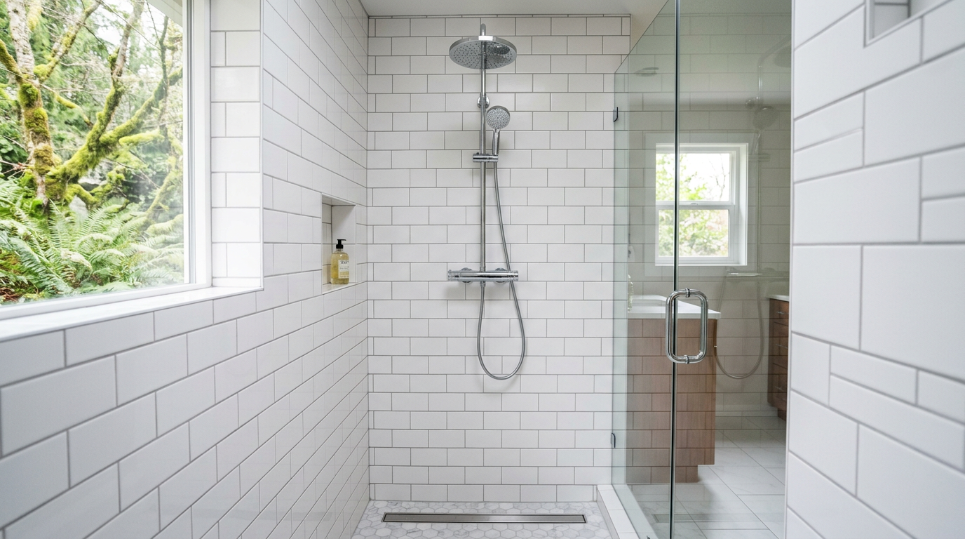 Newly completed white subway tile shower from a bathroom remodeling project in Woodinville.