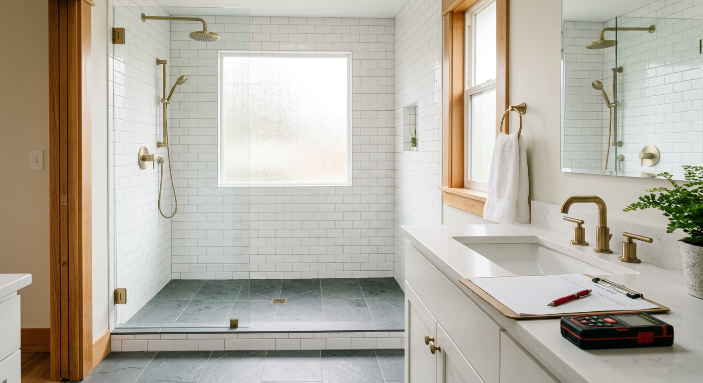 Modern curbless walk-in shower and custom vanity in a renovated Woodinville WA home