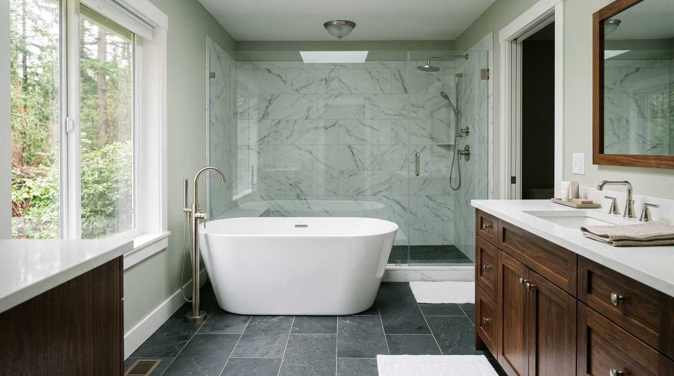 A newly completed luxury bathroom remodeling project in a Woodinville, WA home.