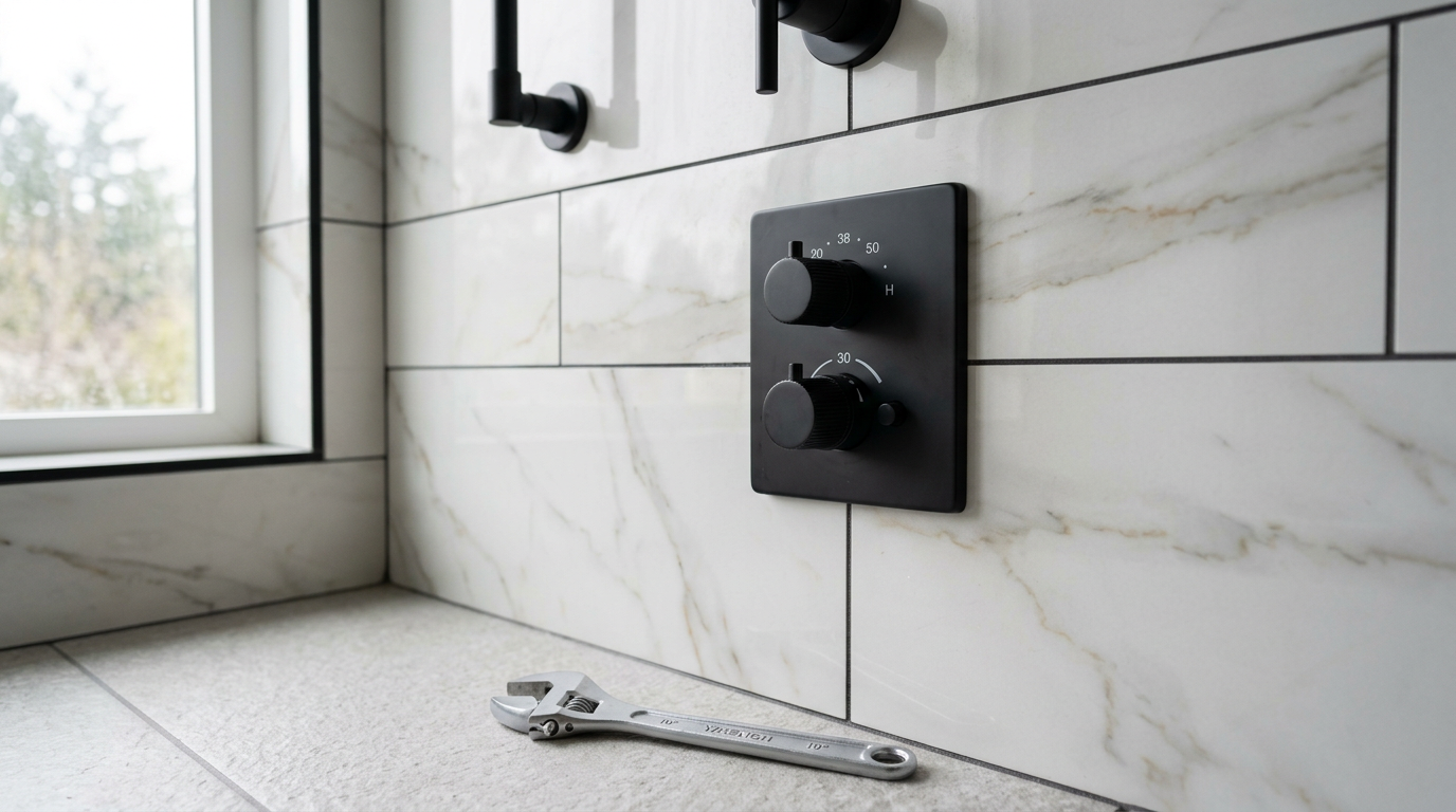 A new matte black shower valve installed on a custom tile wall during a bathroom remodel in Woodinville, WA.