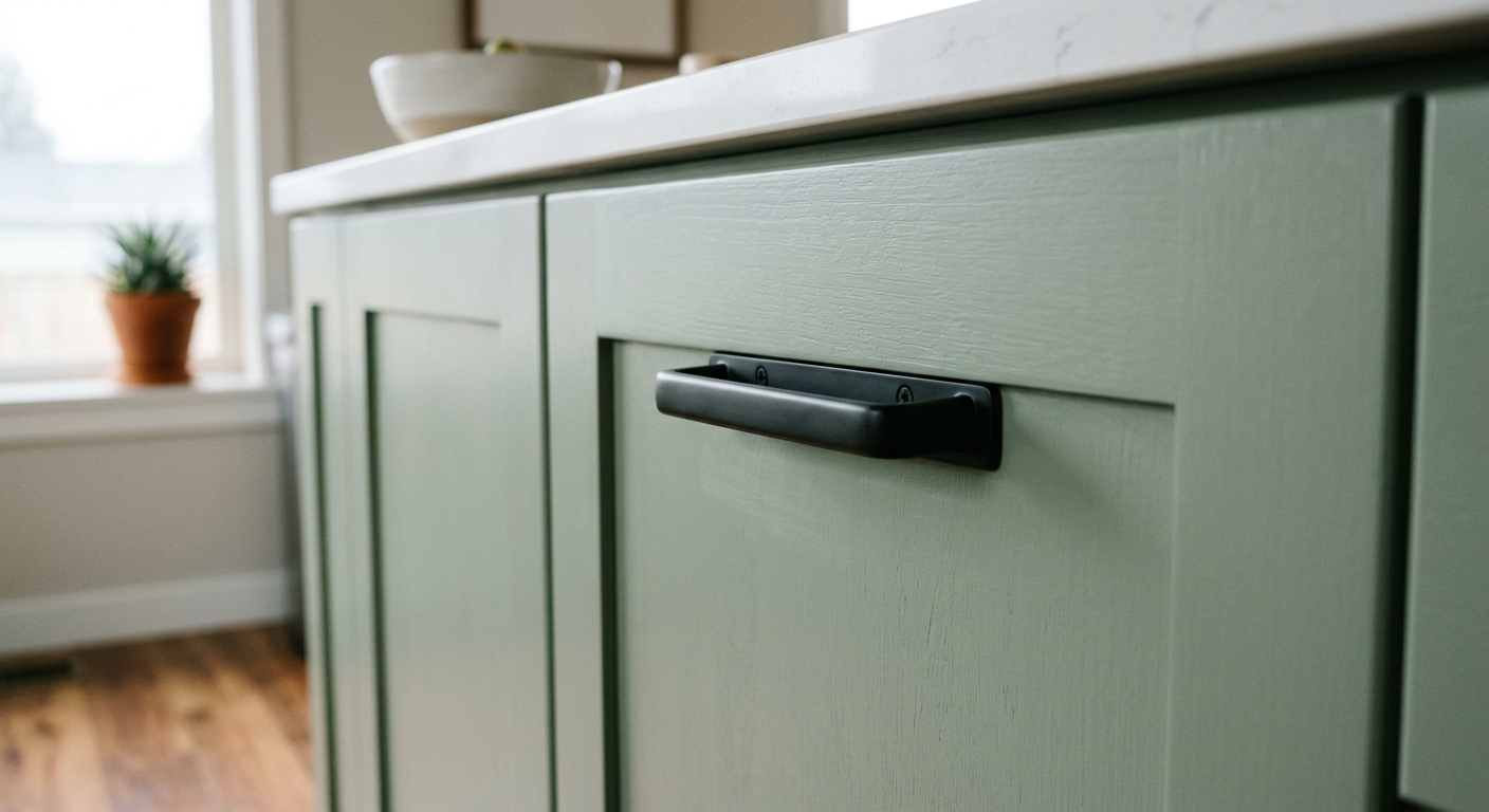 Close-up of a new cabinet pull on a freshly painted kitchen cabinet after a Bellevue cabinet refresh.