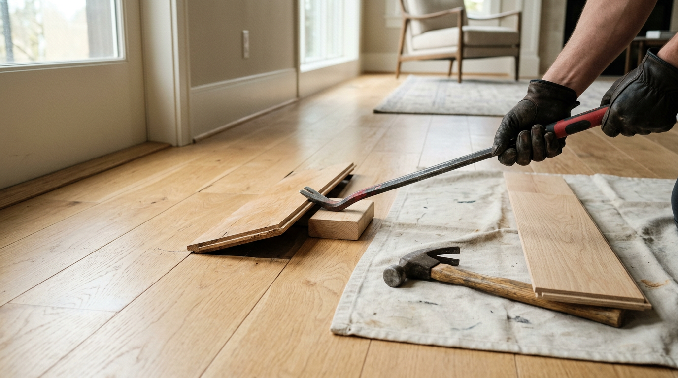 Close-up of a damaged hardwood floor board being prepped for repair in a Bellevue, WA home.