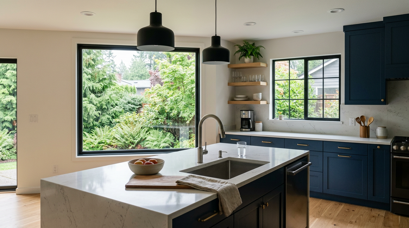 Newly remodeled kitchen with custom blue cabinets and a quartz island in a modern Bellevue home.