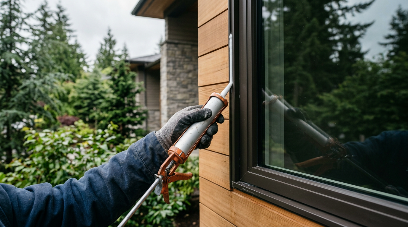Applying fresh caulk to a window frame as part of pre-sale home prep in Bellevue, WA.