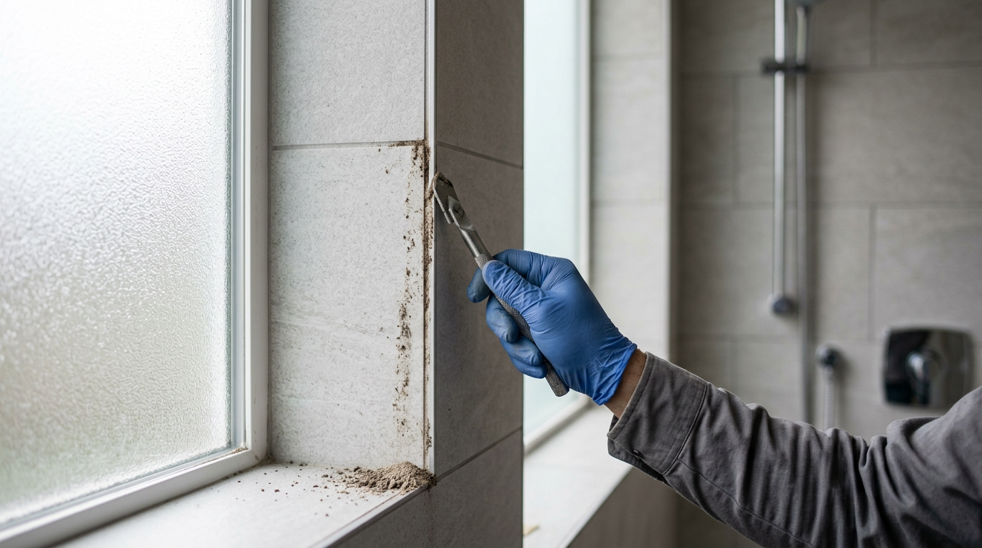 Close-up of a professional performing tile and grout repair on a shower wall in a Bellevue, WA home.