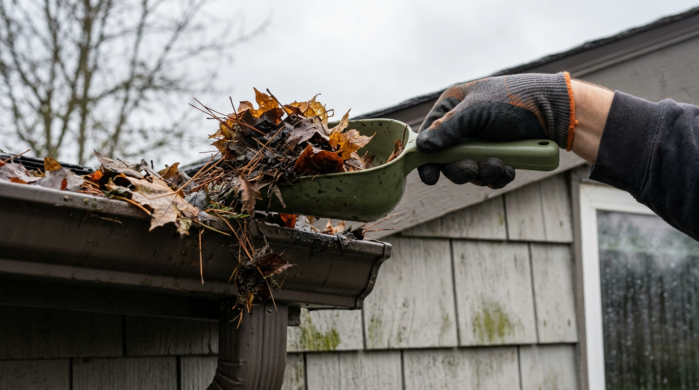Using a gutter scoop to clear leaves during fall handyman services on a home in Bothell, WA.