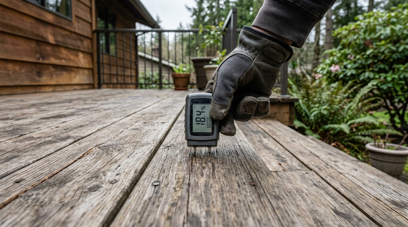 Using a moisture meter to check a deck board during a home health assessment in Bothell, WA.