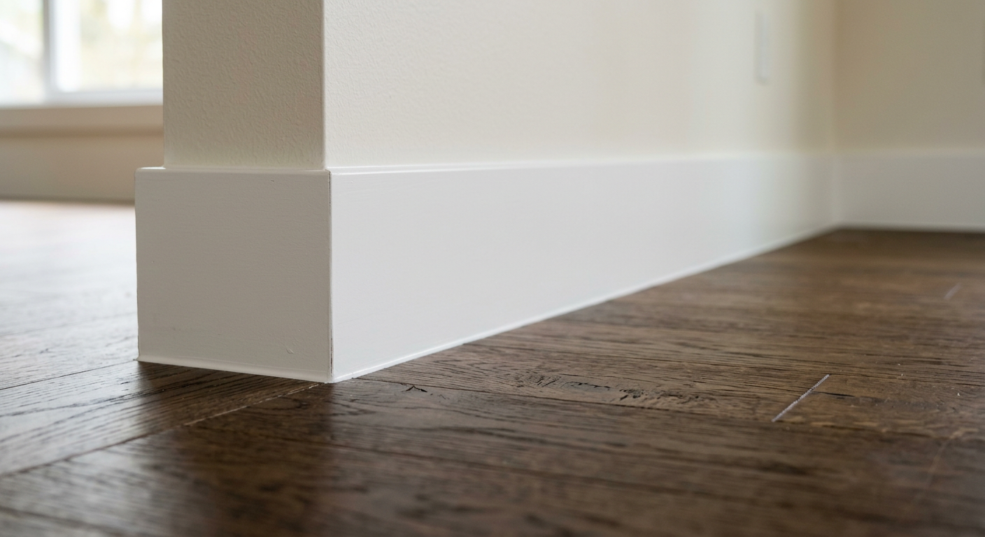 Freshly installed white baseboard trim in a Bothell, WA home showing quality craftsmanship.