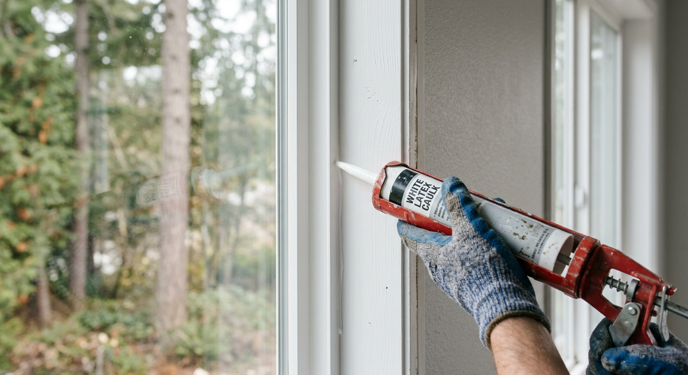 Applying fresh caulk to new window trim in a Bothell, WA home to seal against drafts.