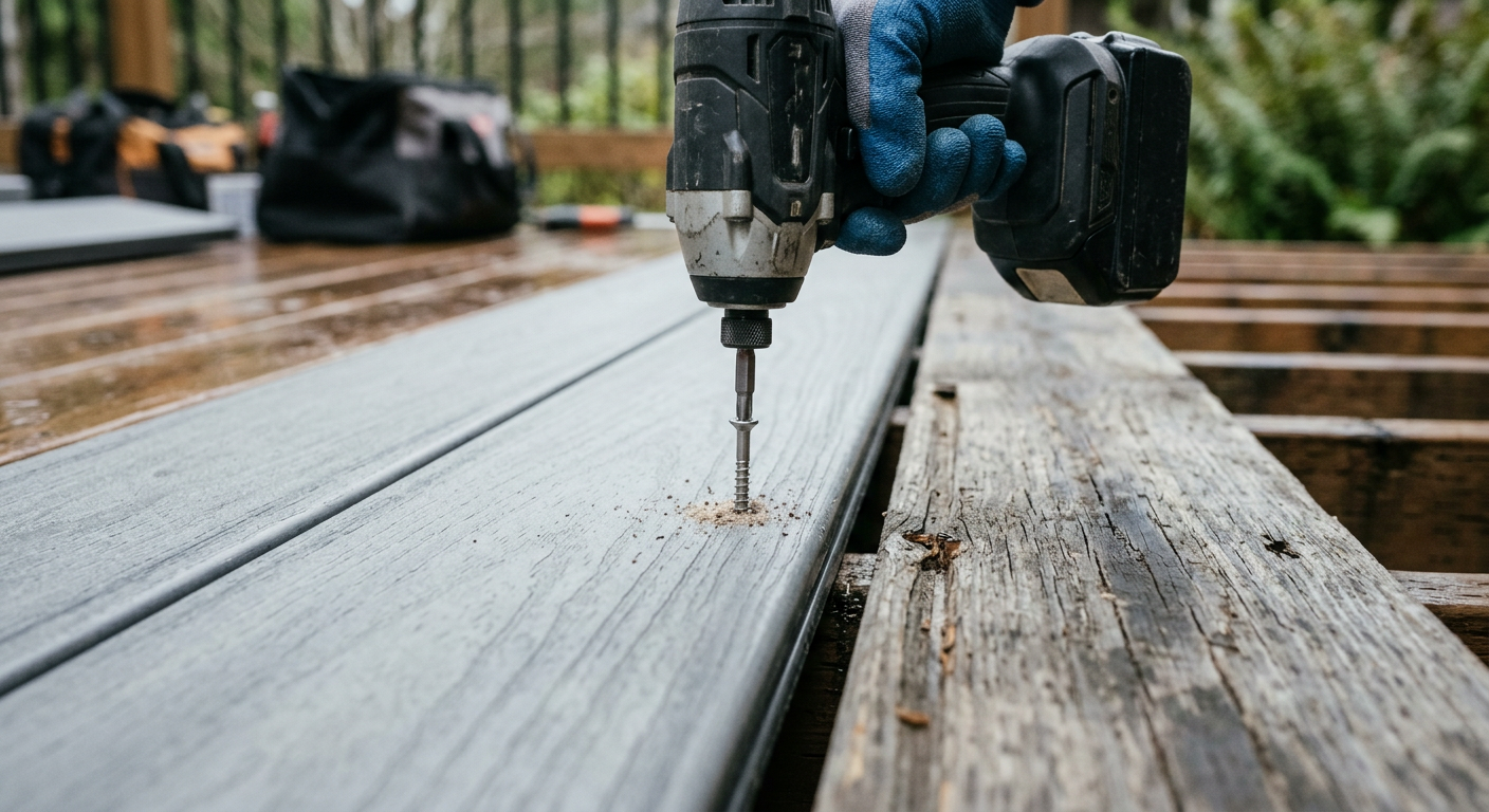 Replacing a warped board during fall deck repairs on a Bothell, WA home.