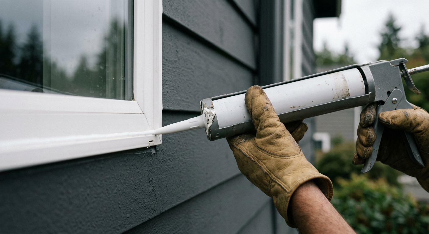A handyman applying fresh exterior caulk around a window on a Bothell home as part of a fall maintenance service.