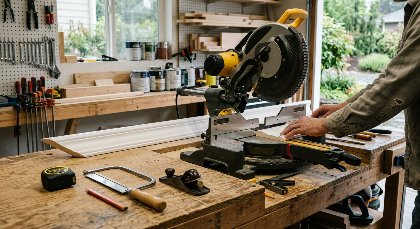 Professional tools for trim and molding installation laid out in a Bothell, WA workshop.