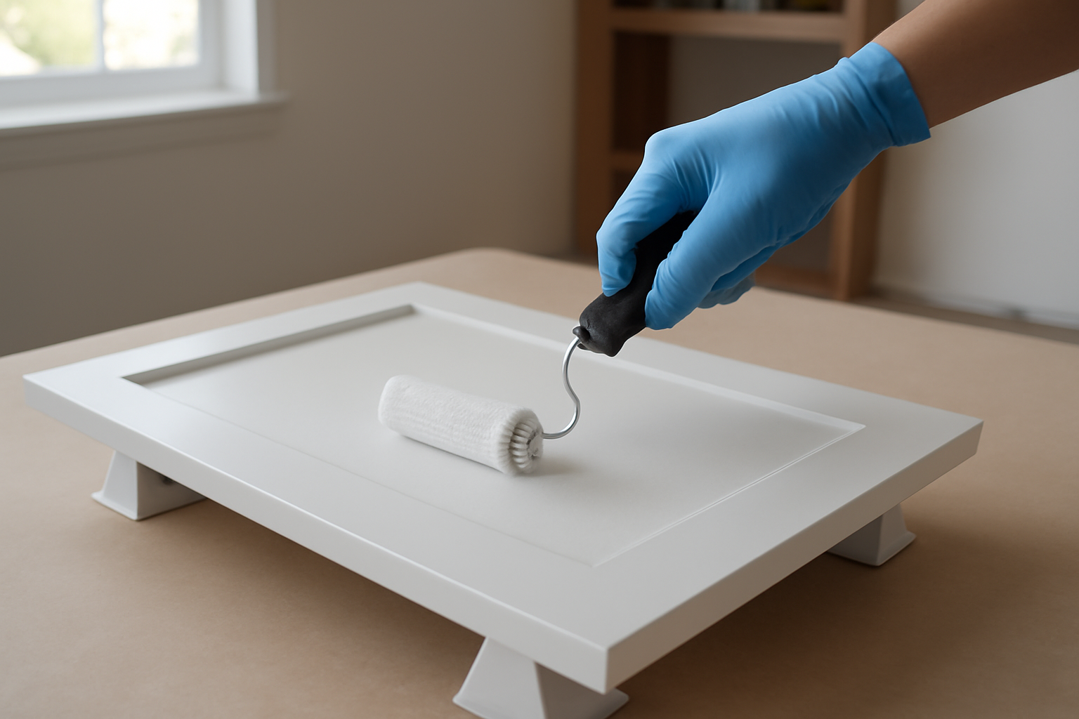 A professional applying a smooth coat of white paint to a kitchen cabinet door during a cabinet refresh project in a Brier, WA home.