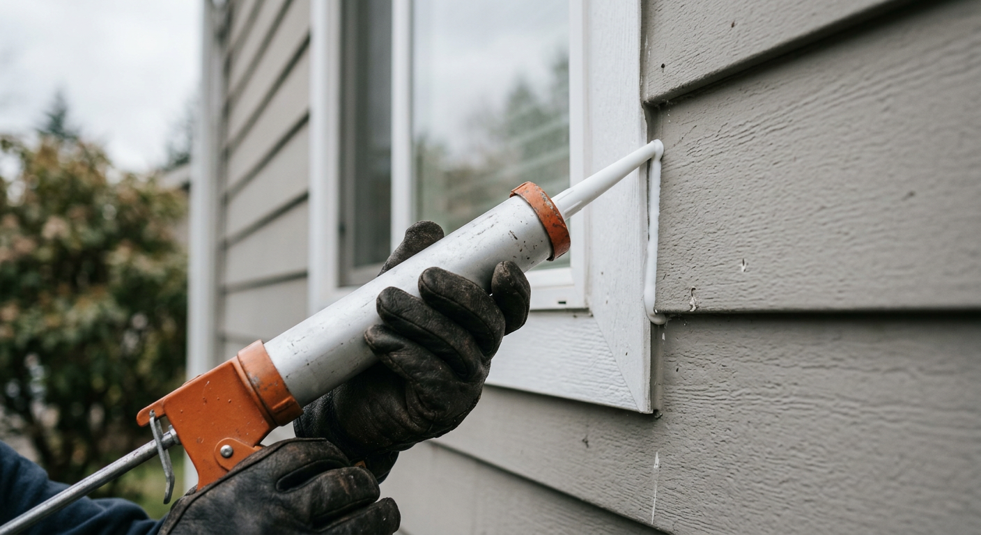 A professional handyman applying a fresh bead of caulk to a window frame on a home in Brier, WA.