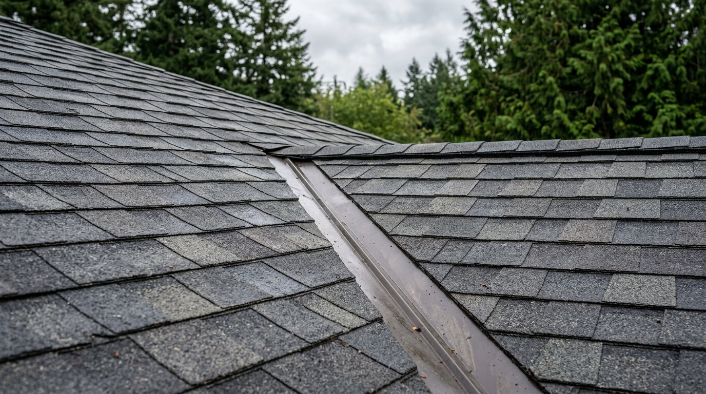 Close-up of a clean roof valley on a home in Brier, WA, after a seasonal roof assessment.