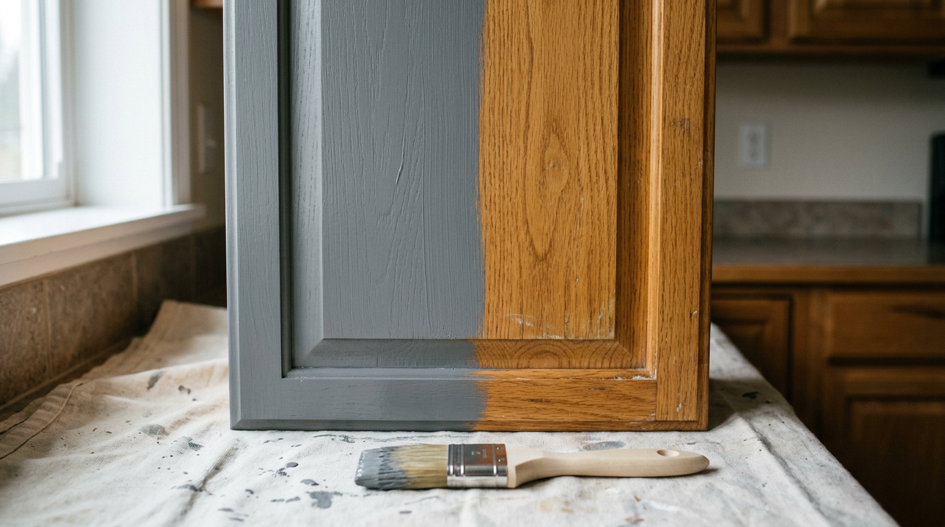 A kitchen cabinet door mid-refresh in an Arlington, WA home, showing the transformation from dated oak to modern gray.