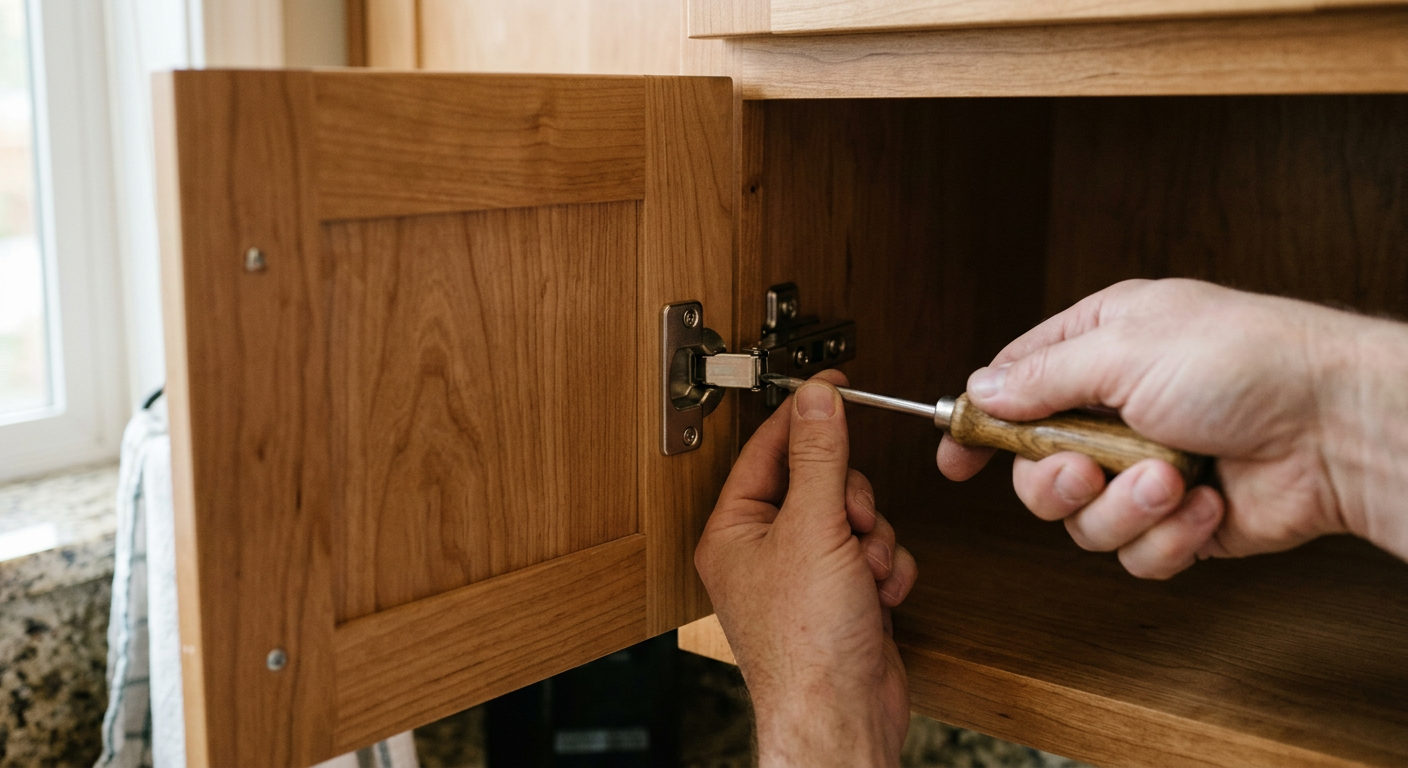 Carpenter adjusting cabinet hinge hardware during a kitchen refresh in an Arlington WA home