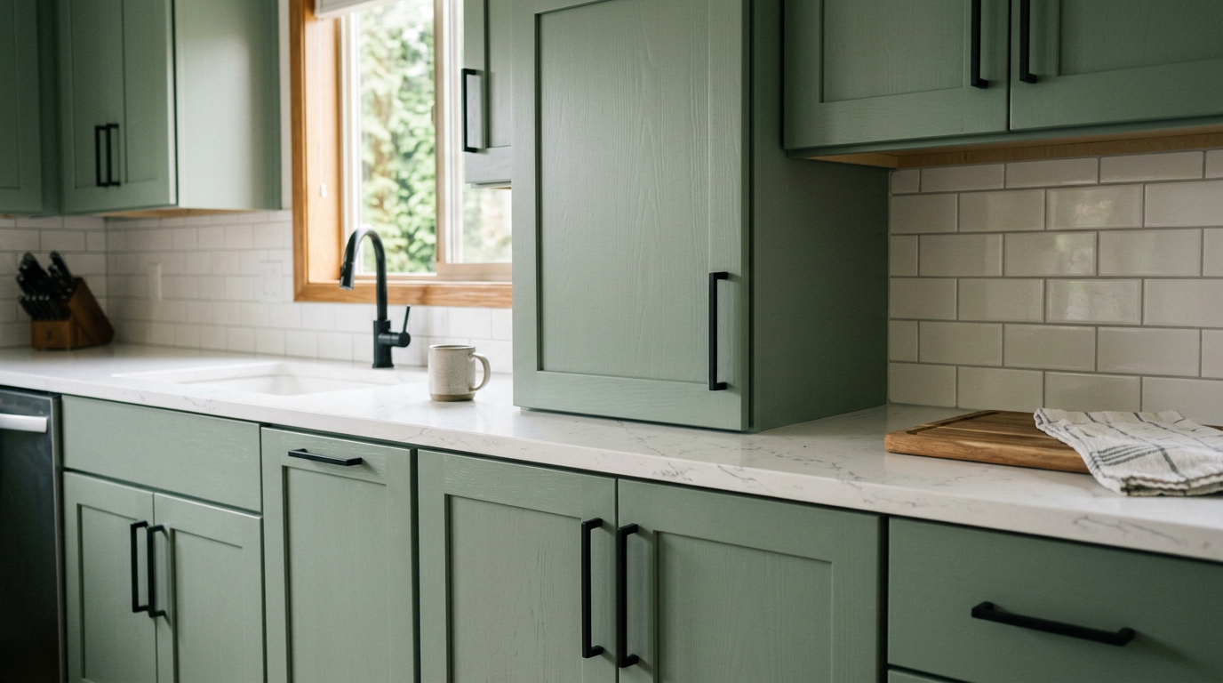 A professionally refreshed kitchen with sage green cabinets and new hardware in an Arlington, WA home.