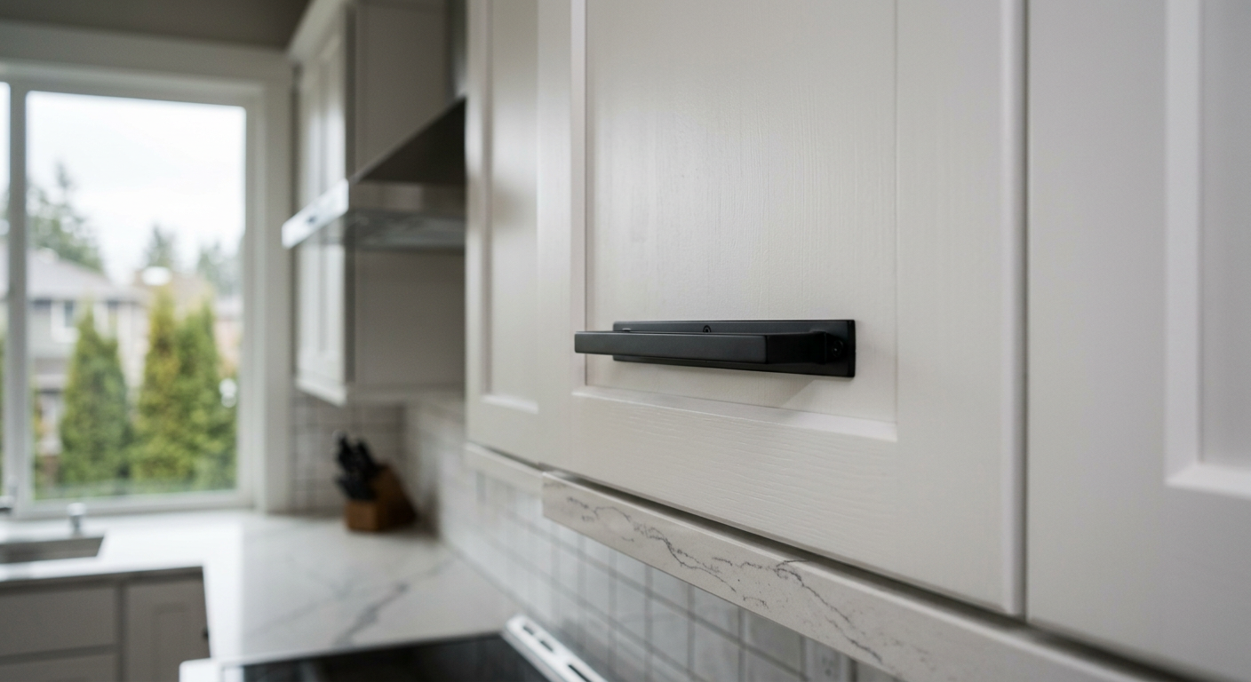 A close-up of a new matte black handle on a freshly painted white cabinet door after a cabinet refresh in Bellevue, WA.
