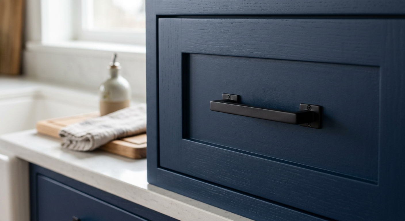 A close-up of a freshly painted blue kitchen cabinet with a new matte black pull after a cabinet refresh in Bellevue, WA.