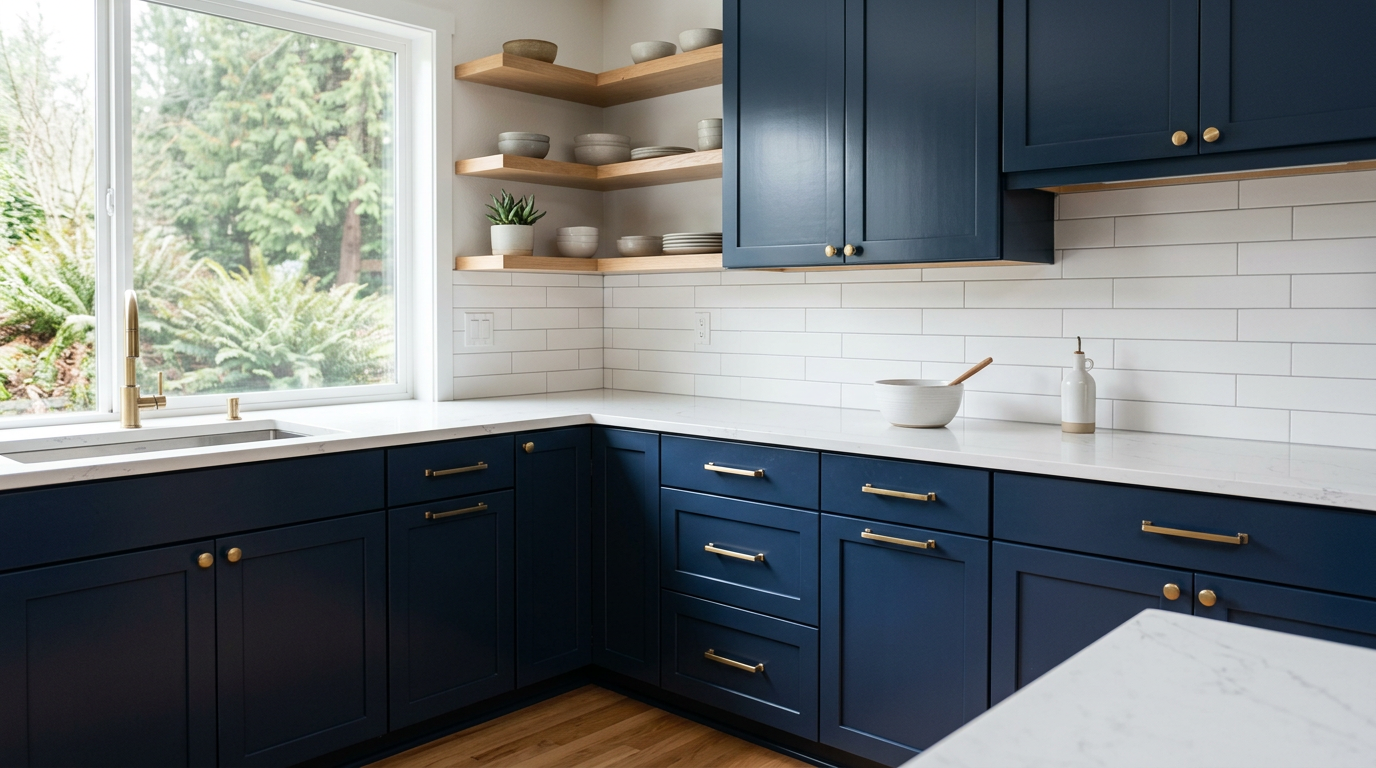 Freshly painted navy blue kitchen cabinets with new brass hardware in an upscale Bellevue, WA home.