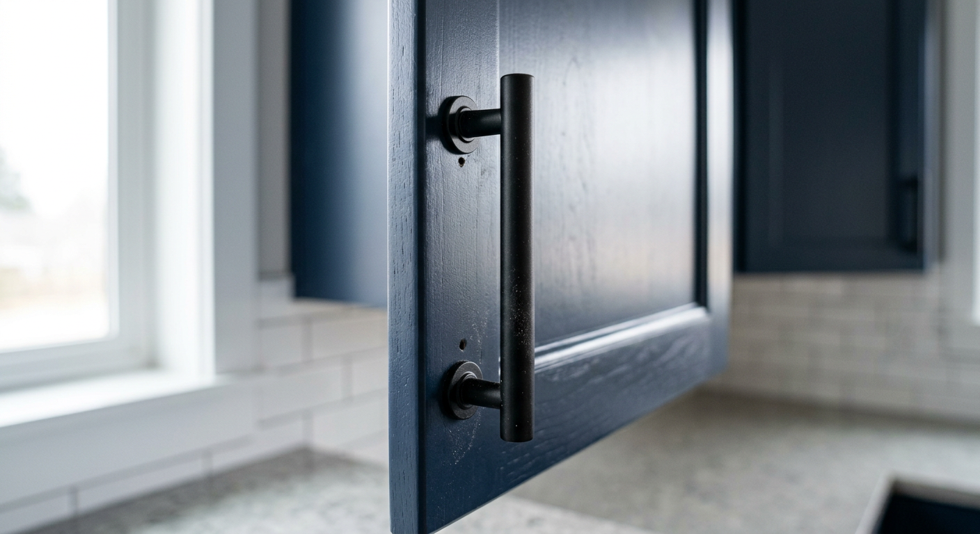 Close-up of a new cabinet pull on a freshly painted kitchen cabinet in a Queen Anne home.