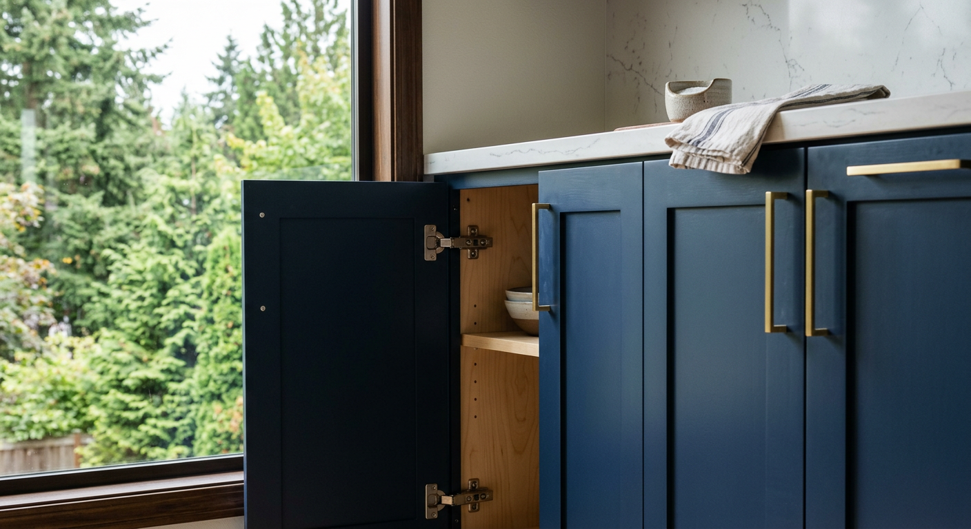 A close-up of professionally refinished kitchen cabinets with a smooth navy blue finish and modern brass hardware in a Sammamish, WA home.