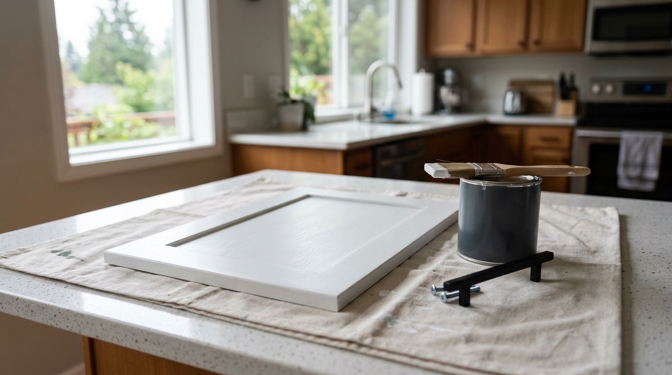 A freshly painted white kitchen cabinet door with a new matte black pull, illustrating the process of a cabinet refresh in Arlington, WA.