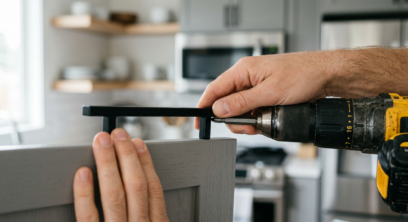 A freshly painted gray kitchen cabinet door in Arlington getting a new matte black handle installed.
