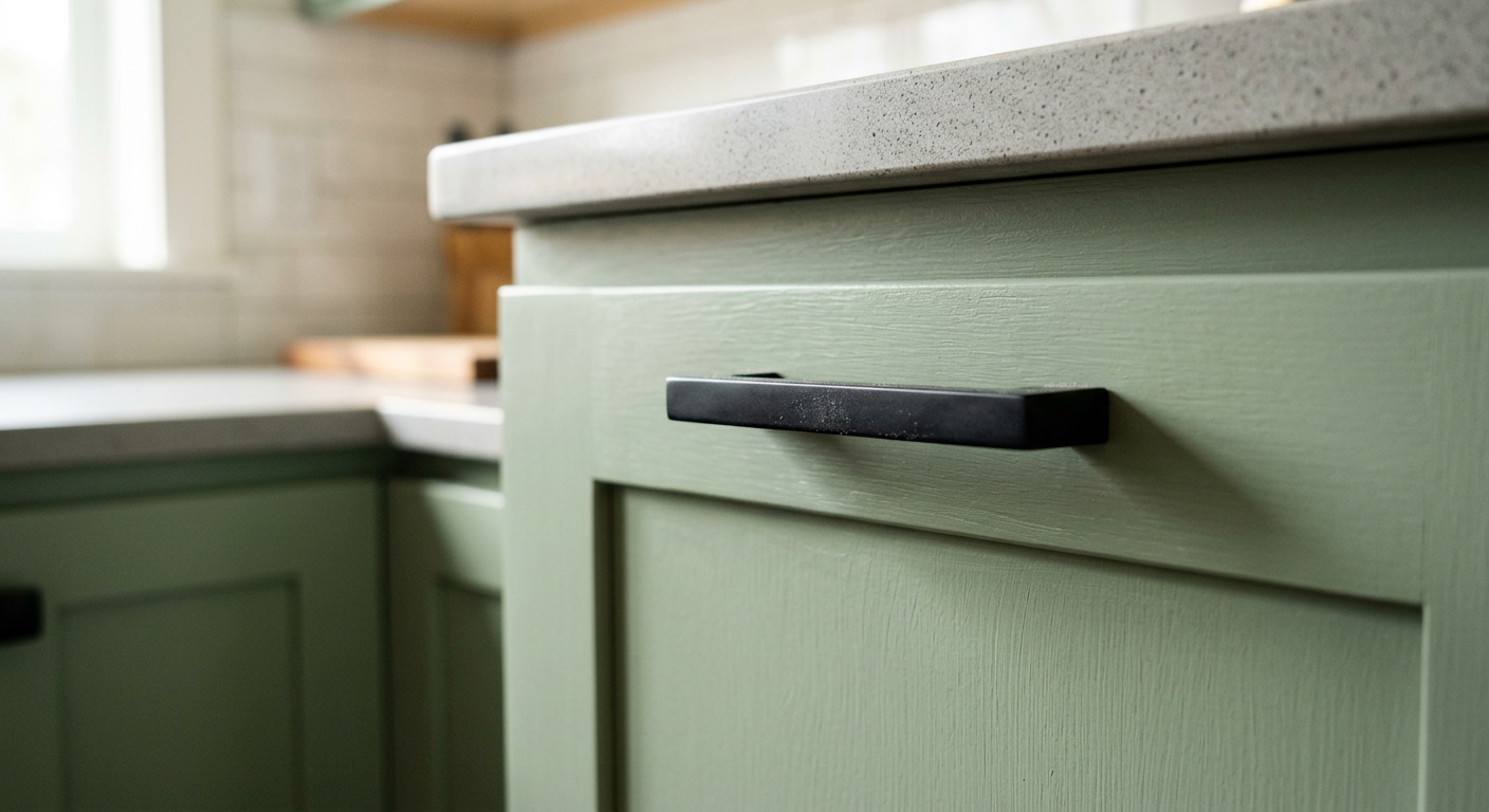 Close-up of a new cabinet pull on a freshly painted kitchen cabinet after a refresh in a Queen Anne home.