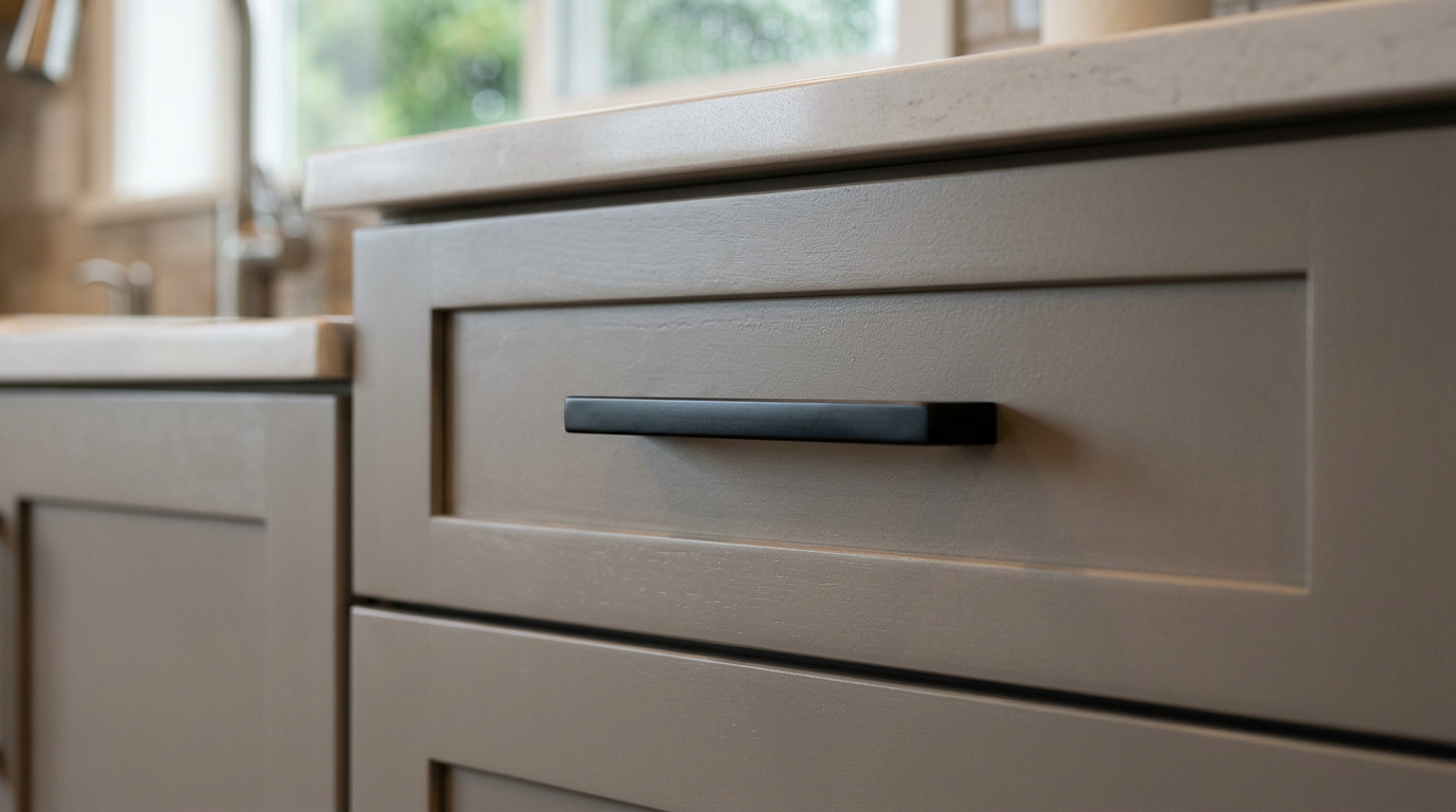 A close-up of a freshly painted gray kitchen cabinet with a new matte black pull after a cabinet refresh in Kenmore, WA.
